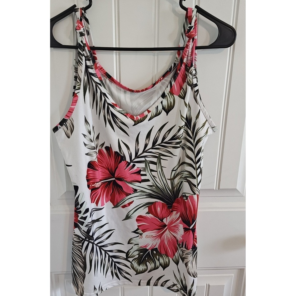 Tropical Hibiscus Floral V-Neck Tank Top Pink White Palm Leaf Print Small
